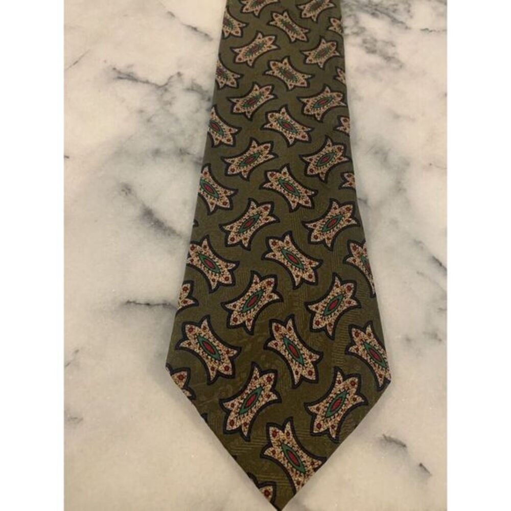 100% Silk Geometric Army Green Olive Green Tie Made In USA 4" Width